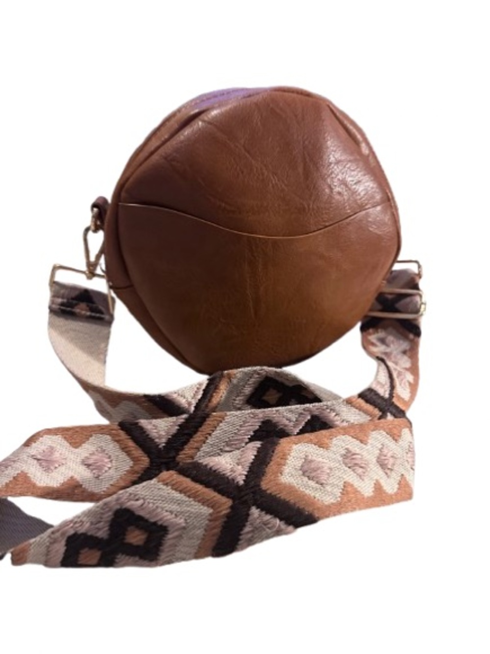 Round Tan Faux Leather Crossbody Bag with Patterned Guitar Strap